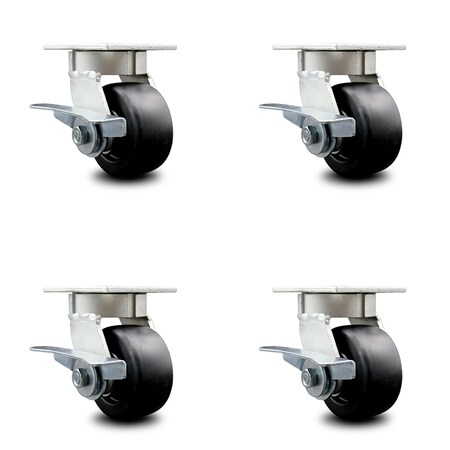Service Caster 4 Inch Kingpinless Polyolefin Wheel Swivel Caster Set with Brakes SCC-KP30S420-POR-SLB-4